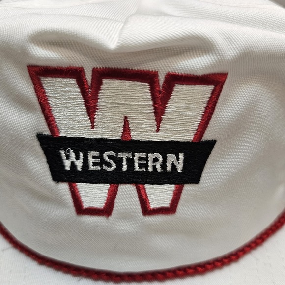 Vintage Trucker Rope Hat Western Trucking Snapback 80s 90s White Red Flat Brim - Picture 2 of 8